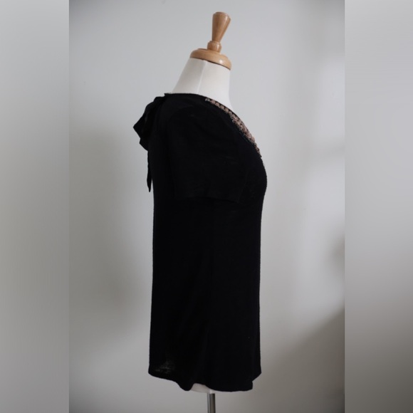 Rose Gold Beaded Neckline Black Blouse with Bow Tie in Back - Picture 3 of 8